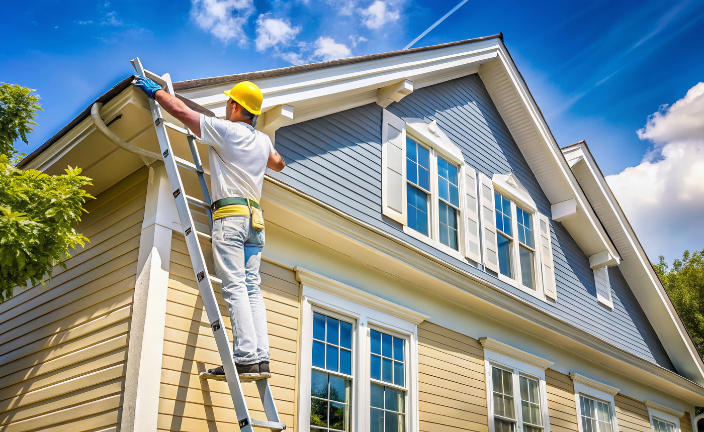 Professional painter finishing a home exterior on a ladder