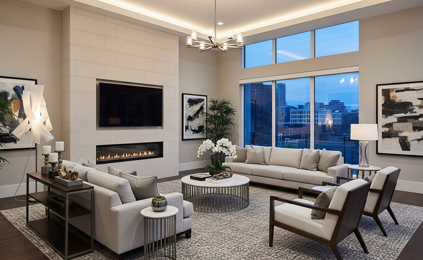 Freshly painted luxury living room in warm neutral tones